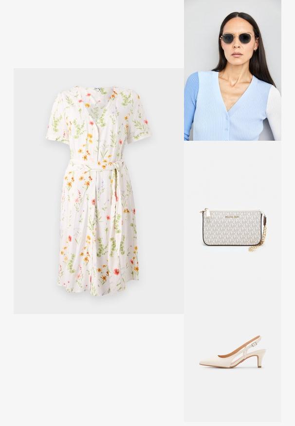 Kukallinen mekko, jossa on v-aukkokaulus, lyhyet hihat ja vyötäröllä vyö. Valmistettu kevyestä kankaasta, jossa on kerma tausta ja värikkäitä kukkia.; Valkoinen slingback-korkokenkä, jossa on terävä kärki, sileä päällismateriaali, matala lohkokorko ja sivuaukko-design säädettävällä soljella.; Pyöreät aurinkolasit, joissa on tummat linssit ja kultaiset kehykset. Mallilla on päällään vaaleansininen, ribatusta materiaalista valmistettu neuletakki, jossa on napit ja kontrastiväriset valkoiset hihat.; Michael Kors kääröbeige pinnoitettua kangasta, jossa on toistuva MK-logo -kuvio, kultaiset yksityiskohdat ja irrotettava ketjuhihna.