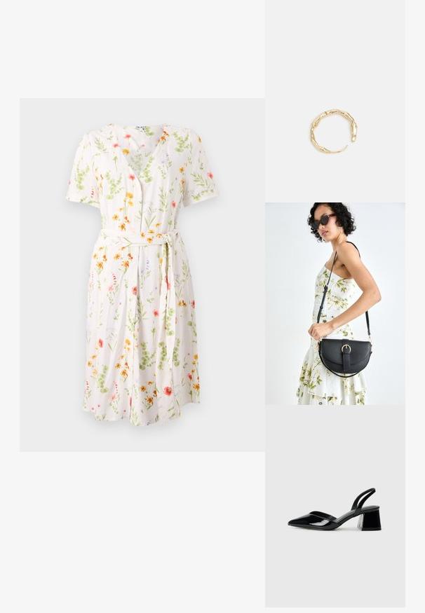 Floros suknelė su V formos iškirpte, trumpomis rankovėmis ir diržu liemeniui. Pagaminta iš lengvo audinio, su kreminiu fonu ir spalvingomis gėlėmis.; Juodos lakuotos odinės šlepetės su smailiu pirštu ir geometriniu bloko kulnu. Turi elegantišką, minimalistinį dizainą ir lygų paviršių.; Juodas odinis krepšys su išlenkta forma, nuimamu dirželiu ir auksiniais detalėmis. Krepšys turi kilpą su sagtimi.; Auksinės spalvos žiedas, turintis organišką, sukimosi dizainą su lygiu paviršiumi ir siaurėjančiais galais, sukuriantis modernią skulptūrinę išvaizdą.