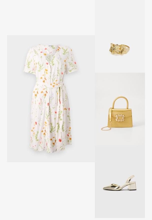 Kukallinen mekko, jossa on v-aukkokaulus, lyhyet hihat ja vyötäröllä vyö. Valmistettu kevyestä kankaasta, jossa on kerma tausta ja värikkäitä kukkia.; Kultaiset, metalliset slingback-kengät, joissa on teräväkärkiset ja paksut korot. Sileä pinta, minimalistinen muotoilu ja kapea hihna.; Keltainen keinonahkainen krokotiililaukku, jossa on jämäkkä muotoilu, yläkahva, irrotettava ketjusanka ja koristeellinen kristallikoristelu lukossa.; Kullanışlı bir ayarlanabilir yüzüğe sahip, üç belirgin zirveye sahip dokulu, dalgalı düzene sahip altın yüzük. Düzgün, parlak yüzey ve açık bant ile tasarlanmış.
