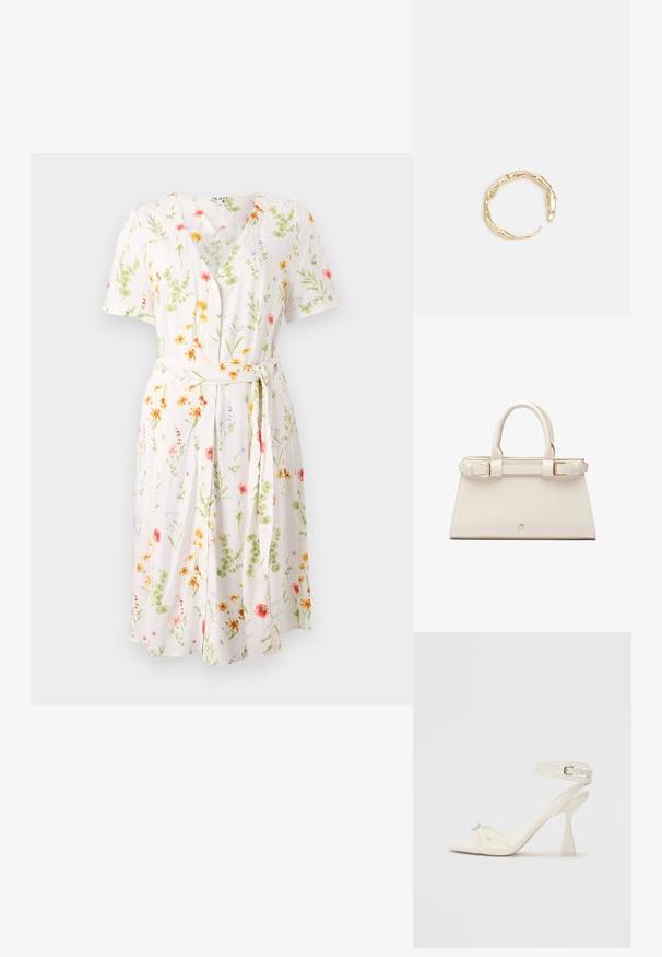 Kukallinen mekko, jossa on v-aukkokaulus, lyhyet hihat ja vyötäröllä vyö. Valmistettu kevyestä kankaasta, jossa on kerma tausta ja värikkäitä kukkia.; Valkoinen nahkainen strappisaapas, jossa on virtaviivainen muotoilu, läpinäkyvä lohko-osa ja koristeellinen elementti varpaassa.; Rakennettu käsilaukku vaaleassa keinonahassa, jossa on kultaiset yksityiskohdat. Varustettu tuplakäsikapilla ja solkiyksityiskohdalla edessä.; Kultaketju, jossa on orgaaninen, kierretty muotoilu, sileä pinta ja cappatut päät, luoden modernin, veistoksellisen ilmeen.