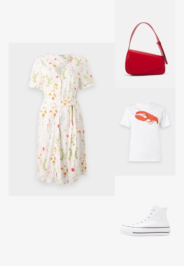Cvečni plašč z V-izrezom, kratkimi rokavi in pasom. Narejen iz lahkotnega materiala z kremno ozadje in barvnimi cvetovi.; Bela bomba iz bombaža z velikim, svetlo rdečim grafikonom jastreba na sprednji strani. Kratki rokavi in standarden kroj s okroglim izrezom.; Beli visoki platneni športni čevelj z črnim gumijastim podplatom, sprednjim gumijastim zaščitnikom za prste in šestimi luknjicami za vezalke, ki se ponaša s preprostim, minimalističnim dizajnom.; Rdeča usnjena torba z angularnim, geometrijskim dizajnom. Ima en samostoječ nastavljiv ročaj in pokrov, zaprt z zapiranjem, ki je okrašen s šivi.