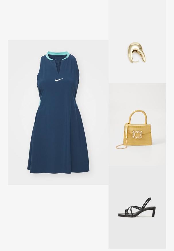 Nike Performance DRESS - Rochie sport - armory navy; Sandal cu barete negre, cu vârf pătrat și toc mic de bloc. Prezintă mai multe barete subțiri și o bareta ajustabilă la gleznă. Fabricat din piele netedă.; Geantă galbenă din faux-crocodil cu un design structurat, mână superioară, curea detașabilă cu lanț și embellisment decorativ cu cristale pe închidere.; Cercei din metal de culoare aurie cu un design elegant și curbat. Prezintă o formă distinctivă, ascuțită, o suprafață lustruită și un sistem de închidere cu balama.