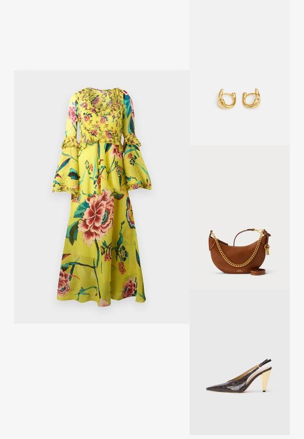 Kwiatowa sukienka maxi w jasnym żółtym kolorze, z falbaniastymi długimi rękawami, okrągłym dekoltem i zwiewną sylwetką z różnorodnymi kolorowymi wzorami kwiatowymi.; Sandały na obcasie z przeszyciem w ciemnym brązowym lakierowanym faux krokodyle. Posiadają złoty geometrzyczny obcas oraz regulowany pasek wokół kostki.; Brązowa skórzana torebka o zaokrąglonym kształcie, z złotym łańcuszkiem, wewnętrzną kieszenią oraz odczepianym paskiem na ramię. Posiada kontrastowe przeszycia.; Złote kolczyki w kształcie hoop charakteryzujące się gładkim, zaokrąglonym wzornictwem z połyskliwym wykończeniem. Kolczyki mają kompaktowy, masywny kształt oraz bezszwowy zamek.