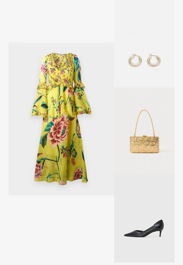 Kwiatowa sukienka maxi w jasnym żółtym kolorze, z falbaniastymi długimi rękawami, okrągłym dekoltem i zwiewną sylwetką z różnorodnymi kolorowymi wzorami kwiatowymi.; Czarny skórzany czółenek z szpiczastym noskiem i niskim obcasem. Charakteryzuje się gładką fakturą i subtelnym połyskiem. Przód z wycięciem dla dodatkowego detalu.; Złota kopertówka z cekinami o prostokątnym kształcie, z zakręconym uchwytem w postaci łańcuszka oraz metalowym zapięciem, odbijająca światło o fakturowanym wykończeniu.; Lauren Ralph Lauren BASIC SMALL HOOP - Kolczyki