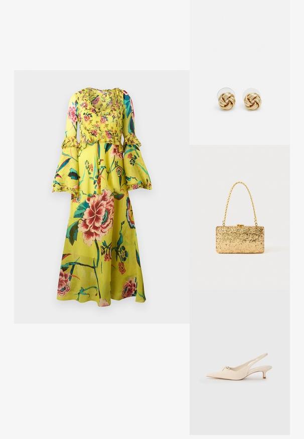 Cvjetna maksi haljina u svijetlo žutoj boji, s volanima na dugim rukavima, okruglim izrezom i lepršavim siluetom s raznim šarenim uzorcima cvijeća.; Cipele s povučenom petom i uskim nosom u boji off-white, s malim detaljem mašne i niskom potpeticom. Glatka tekstura, minimalistički dizajn.; Zlatna šljokasta torbica u pravokutnom obliku, s uvrnutom lancem kao drškom i metalnim kopčanjem, koja odražava svjetlost s teksturiranim završetkom.; Naušnice na stud s zlatnim tonom i uvrnutim dizajnom. Svaka naušnica ima okruglu prozirnu podlogu za sigurno nošenje.