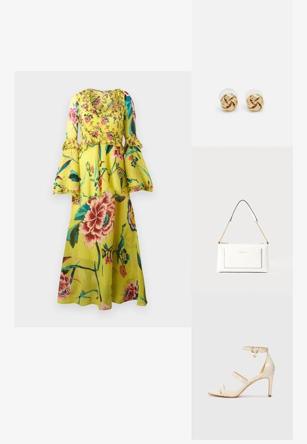 Vestido maxi floral em amarelo brilhante, com mangas longas franzidas, decote redondo e uma silhueta fluida com vários padrões florais coloridos.; Sandálias de salto alto bege com tira fina no tornozelo e duas tiras superiores. Acabamento em patentes brilhantes e detalhe em dourado na tira do tornozelo.; Bolsa de mão branca em couro com acabamento texturizado, featuring a corrente dourada e detalhes pretos. Inclui um bolso frontal e fecho com zipper.; Brincos de pressão em tom dourado com um design torcido. Cada brinco possui uma base circular transparente para um uso seguro.