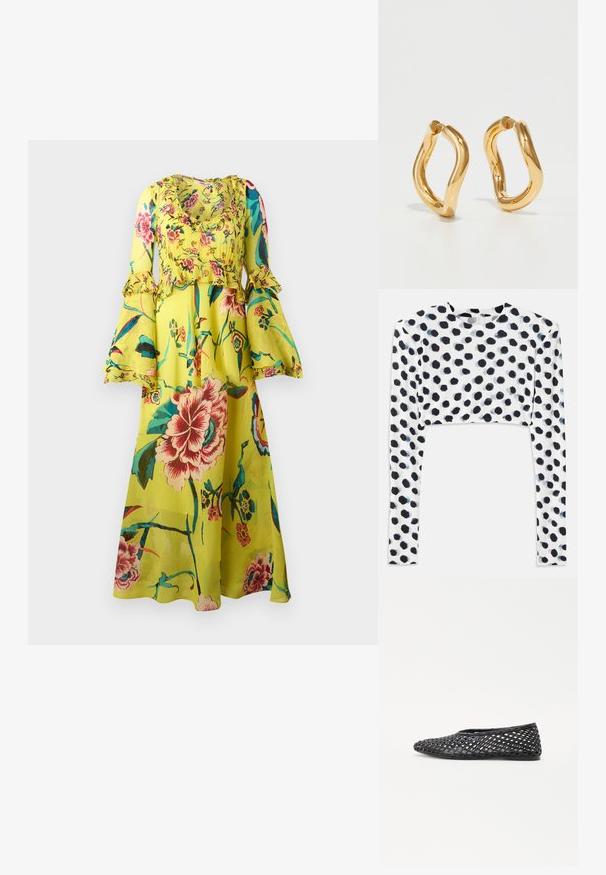 Virágmintás maxi ruha élénk sárga színben, fodros hosszú ujjakkal, kerek nyakkivágással és légies siluettel, amely különféle színes virágmintákat mutat.; Rövidített hosszú ujjú felső rugalmas fehér anyagból, fekete pöttyös mintával, sima textúrával és kerek nyakkivágással.; Fekete szőtt slip-on cipő, rácsos mintázattal, lapos talppal és sima gumiból készült anyaggal, amely légáteresztő és rugalmas.; Aranyszínű karikafülbevalók íves, szabálytalan formával és sima, fényes felülettel. Nincsenek látható hardverek vagy díszítések.