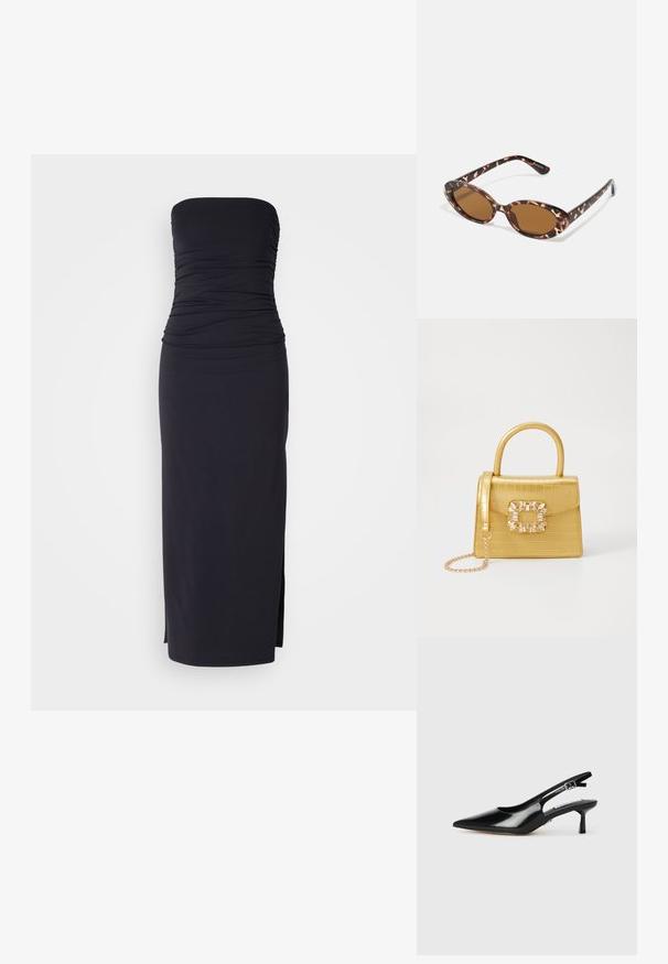 Abercrombie & Fitch STRAPLESS RUCHED MIDI - Obleka iz džersija - black beauty; Črne patentne usnjene slingback pete s koničastim nosom, tankim petam in nastavljivim trakcem z zaponko. Gladka tekstura z minimalnimi detajli.; Želve sončne očala z ovalnimi lečami, rjave tonirane, tanke ročice z teksturiranim vzorcem, lahka plastična okvir.; Rumeno usnjeno-usnje z vzorcem krokodila, s strukturiranim dizajnom, zgornjo ročajem, snemljivo verižico in dekorativnim kristalnim okrasjem na zaponki.