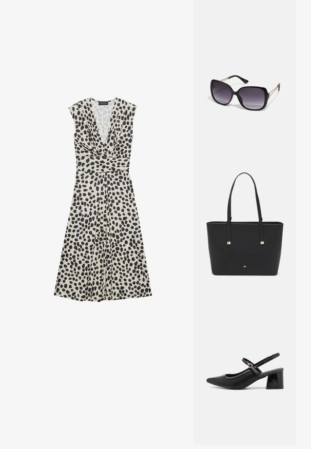 Bežinė suknelė su juodomis taškeliais, gilia V formos iškirpte, trumpomis rankovėmis, siaurėjančia liemeniu ir laisvai krintančia sijona. Lygus audinys.; Juodi patentinio odos slingback aukštakulniai su smailiu pirštu, apvaliu išpjovimu ir blokiniu kulnu. Papuošti auksiniu juostos akcentu.; Juodos didelės saulės akinių su pereinamais objektyvais, storomis rėmeliais ir auksinės spalvos grandinėmis ant šventyklų.; Juodas sintetinio pluošto rankinis krepšys, turintis paprastą stačiakampį dizainą, auksines kvadratines detales ir dvi rankenas.