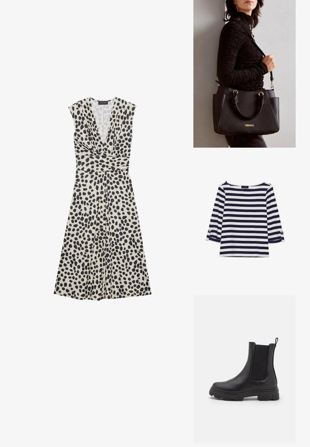 Beige kjole med sorte prikker, dyp V-hals, korte ermer, innsvinget midje og flytende skjørt. Glatt stoff.; Marineblå og hvit stripete langermet topp med båthals og gullknapper på rullede ermer. Myk stoff, avslappet passform.; Sorte lær ankelstøvler med elastiske sidepaneler, rund tå og teksturert gummisåle. Har en løkke bak for enkel påkledning.; Svart håndveske med teksturert overflate, doble topphåndtak og justerbar skulderrem. Har detaljer i gulltone og sidelommer.