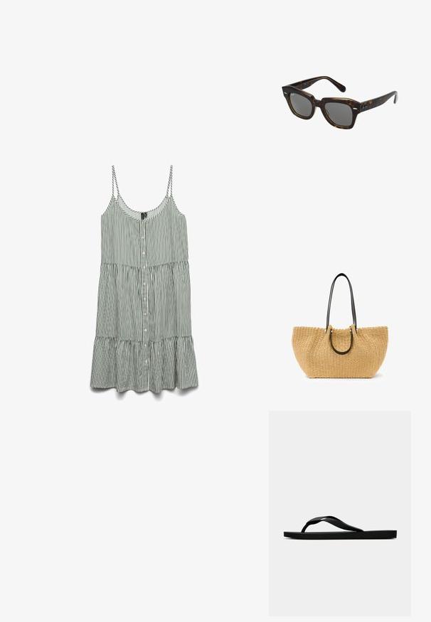 Prugasta zelena in bela brezrokavna obleka z gumbi spredaj in nabranim robom. Narejena iz lahkega blaga z tankimi naramnicami.; Črne gumijaste japonke s teksturirano thong naramnico in preprostim ravnim podplatom, prikazane s strani na enobarvni svetli podlagi.; Prizmašne sončne očala s torbastim plastičnim okvirjem, temnimi lečami in srebrnimi detajli na straneh. Narejeno v Italiji.; Tote torba iz pletene slame v bež barvi, z ročaji iz črne usnje in srebrnim okovjem. Prostorna, ukrivljena oblika z teksturirano površino.
