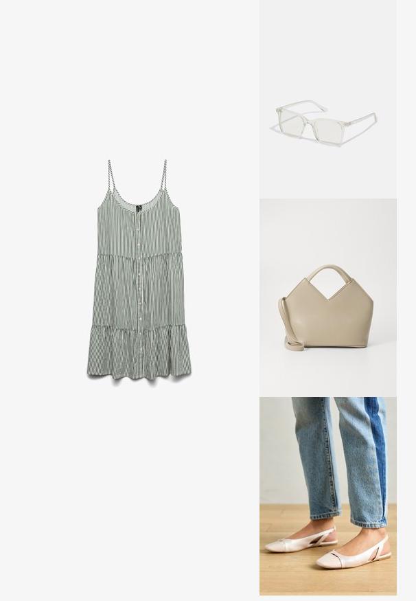 Pruhované zeleno-biele bezrukávové šaty s gombíkmi na prednej strane a volánovým lemom. Vyrobené z ľahkého materiálu s tenkými ramienkami.; Svetloružové slingback baleríny s jemne špicatou špičkou, vyrobené z hladkého materiálu pripomínajúceho kožu. Majú výrezové detaily na stranách a plochý opätok.; Priehľadné plastové okuliare s námestovými rámami a priehľadnými šošovkami, s kultivovanými zlatými akcentmi na spánkoch pre zvýraznenie detailov.; Béžová štruktúrovaná kabelka s vrcholom v tvare V, vyrobená z hladkej kože, s krátkymi rúčkami a dlhým nastaviteľným popruhom. Minimalistický dizajn.