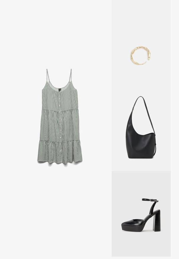 Svītrains zaļš un balts bezpiedurkņu kleitas modelis ar pogām pa priekšu un kraukļu apakšmalu. Izgatavots no viegla auduma ar plānām siksnām.; Melnas platformas papēžs ar norādītu purngala formu un regulējamu potītes siksniņu. Izgatavotas no gludas ādas, ar masīvu bloku papēdi.; Melnas ādas hobo soma ar gludu tekstūru, izliekta forma un vienu regulējamu jostu; augšā ir plaša atvere.; Zelta toņa gredzens ar organisku, vērptu dizainu, gludu virsmu un sašaurinātiem galiem, radot mūsdienīgu, skulpturālu izskatu.