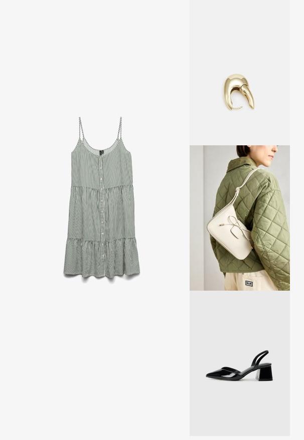 Ruožuotas žalias ir baltas be rankovių suknelė su mygtukais priekyje ir banguotu apvadu. Pagaminta iš lengvos medžiagos su plonais petnešėlėmis.; Juodos lakuotos odinės šlepetės su smailiu pirštu ir geometriniu bloko kulnu. Turi elegantišką, minimalistinį dizainą ir lygų paviršių.; Bežinė odinė per petį nešama rankinė su kaspino detalėmis, auksinėmis detalėmis ir viena reguliuojama petneša, dėvima ant žalios siuvinėtos striukės.; Aukso tono metalinės auskarai su stilingu, kreiviu dizainu. Išsiskiria ryškiu smailiu pavidalu, poliruota paviršiumi ir užsegimu su vyriu.