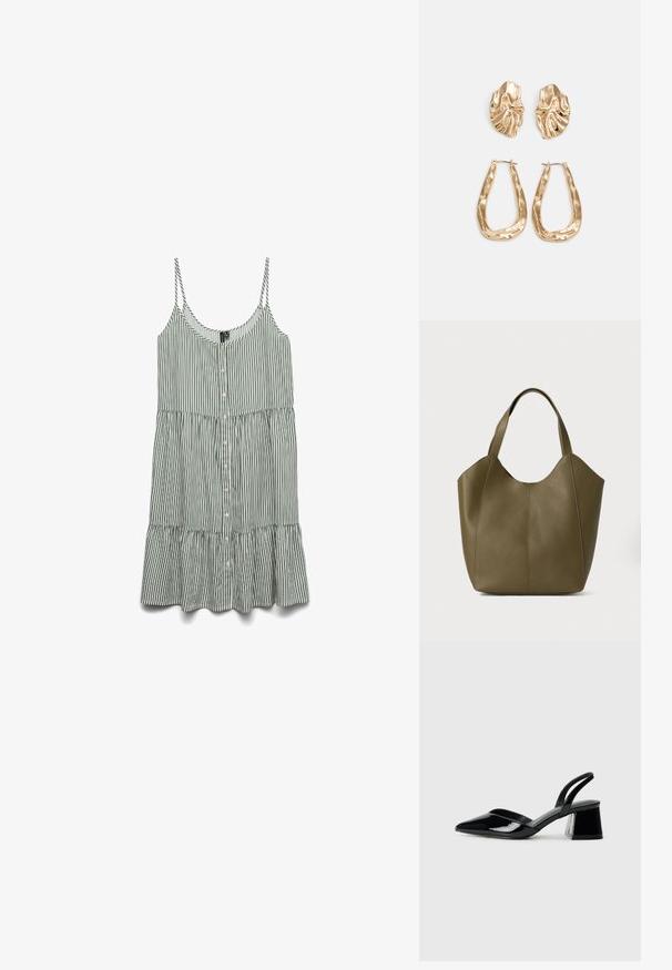 Gestreiftes grün-weißes ärmelloses Kleid mit Knöpfen vorne und einem gerafften Saum. Hergestellt aus leichtem Stoff mit dünnen Trägern.; Schwarze Lackleder-Slingback-High Heels mit spitzem Schuh und einem geometrischen Blockabsatz. Verfügt über ein schlankes, minimalistisches Design und eine glatte Textur.; Olivgrüne Leder-Tasche mit doppelten Trägern, glatter Textur und vierteiliger Gestaltung. Verstärkte Nähte entlang der Nähte für Langlebigkeit.; Ohrringe in Goldoptik mit strukturierten, gewellten Formen. Beinhaltet skulpturale Clip-Ohrringe und ein offenes Hoop-Design mit gehämmertem Finish.