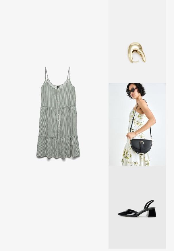 Randig grön och vit ärmlös klänning med knappar nedanför fram och en volangnederdel. Tillverkad av lätt tyg med tunna remmar.; Svarta lackläder slingback klackar med spetsig tå och geometrisk klack. Har en elegant, minimalistisk design och slät yta.; Svart läderhandväska med en böjd form, avtagbar rem och guldiga detaljer. Väskan har ett lock med en spänndetalj.; Örhänge i guldtonad metall med en elegant, böjd design. Har en distinkt spetsig form, polerad yta och gångjärnslås.