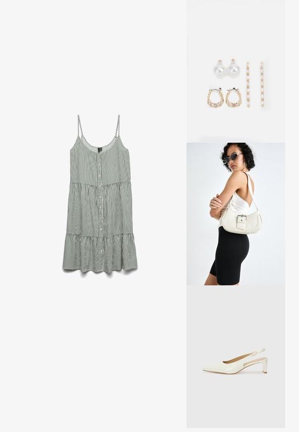 Pruhované zeleno-biele bezrukávové šaty s gombíkmi na prednej strane a volánovým lemom. Vyrobené z ľahkého materiálu s tenkými ramienkami.; Biele lakované lodičky na podpätku so špicatou špičkou a nízkym blokovým opätkom. Obsahujú jemný remienok s detailom zlatého tónu.; Biely kožený kabelka s zakriveným tvarom, nastaviteľným popruhom a malým detailom pracky. Model nosí priliehavý čierny outfit.; Tri páry náušníc: veľké biele perlové náušnice, zlaté kruhové náušnice s priehľadnými drahými kameňmi a dvoje dlhé, priamé zlaté akcentové náušnice so trblietavými detailmi.