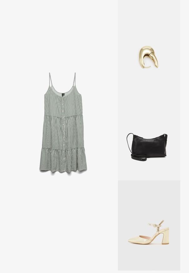 Prugasta zelena i bijela haljina bez rukava s dugmadi sprijeda i volanima na rubu. Izrađena od lagane tkanine s tankim naramenicama.; Zlatna metalik štikla s oštrim prstom, remenom oko gležnja s kružnom kopčom i debljim potplatom. Glatka tekstura.; Crna kožna torba na rame s glatkom teksturom, zakrivljenim oblikom, podesivim remenom i zatvaranjem na patentni zatvarač. Minimalistički dizajn bez ukrasa.; Zlatne metalne naušnice s elegantnim, zakrivljenim dizajnom. Imaju karakterističan šiljast oblik, poliranu površinu i zatvaranje na šarku.
