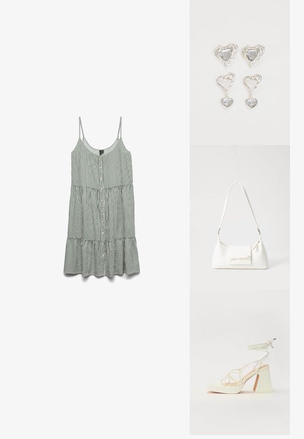 Abito senza maniche a righe verdi e bianche con bottoni sul davanti e un orlo arricciato. Realizzato in tessuto leggero con spalline sottili.; Sandalo bianco con tacco alto, caratterizzato da un design a cinturini e un legaccio alla caviglia. Texture liscia con una piattaforma frontale per un'altezza aggiuntiva.; Borsa sintetica bianca a forma triangolare, con patta anteriore piatta e dettaglio a fiocco, tracolla regolabile, texture liscia e design minimalista.; Orecchini a forma di cuore in argento con pietre trasparenti sfaccettate, accompagnati da una cornice texturizzata. Il set include stili a bottone e a goccia.