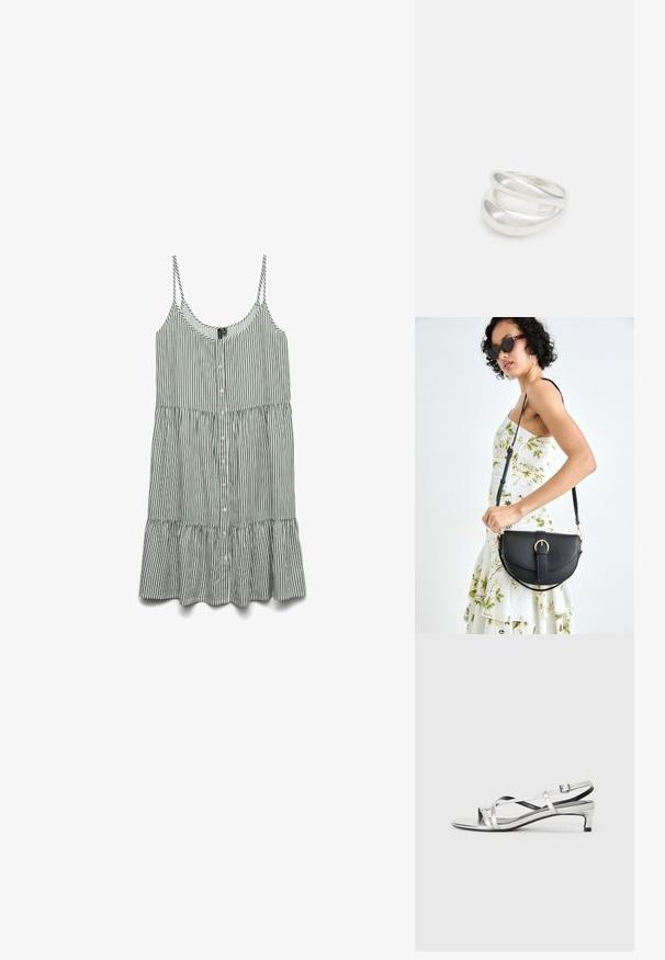 Vestido sin mangas a rayas en verde y blanco, con botones en la parte delantera y un dobladillo con volantes. Fabricado con tela ligera y tirantes delgados.; Sandalía plateada metálica tipo slingback con un tacón bajo, que presenta correas entrelazadas y una textura suave. Diseño minimalista.; Bolso de piel negra con forma curva, correa desmontable y herrajes dorados. El bolso cuenta con una solapa con un detalle de hebilla.; Anillo de plata de doble banda con una superficie lisa y pulida. Presenta un diseño fluido y curvado con secciones superpuestas para un aspecto moderno.