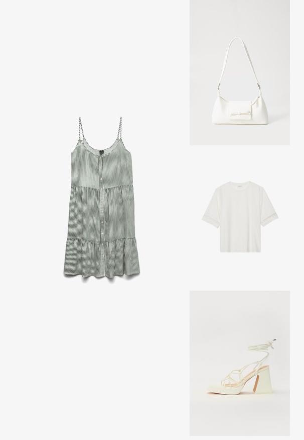 Gestreiftes grün-weißes ärmelloses Kleid mit Knöpfen vorne und einem gerafften Saum. Hergestellt aus leichtem Stoff mit dünnen Trägern.; Weißes T-Shirt mit kurzen Ärmeln aus Baumwolle, mit dekorativem Spitzenbesatz entlang der Ärmel und einem runden Ausschnitt.; Weiße High-Heel-Sandale mit einem klobigen Absatz, die über ein Riemchendesign und ein Knöchelband verfügt. Glatte Textur mit einer Plattform vorne für zusätzliche Höhe.; Weiße synthetische Handtasche in dreieckiger Form, flache Vorderklappe und Schleifendetail, verstellbarer Trageriemen, glatte Textur und minimalistisches Design.