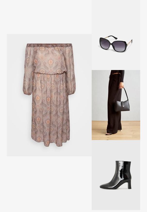 Vállra húzott, hosszú ujjú ruha világosbarna anyagból, meleg árnyalatú paisley mintával. Rugalmas derékpánt és laza fazon.; Fekete lakk bőrcipő bokáig érő, hegyes orral és közepes magasságú tömbsarokkal. Simább textúrával és minimalista dizájnnal rendelkezik.; Fekete, oversize napszemüveg fokozatos árnyalatú lencsékkel, vastag kerettel és arany színű lánc díszítéssel a szárakon.; Fekete kézi táska strukturált formával, sima textúrával és fémből készült záródással. Széles fekete nadrággal és nyitott orrú szandállal párosítva, fából készült padlón.