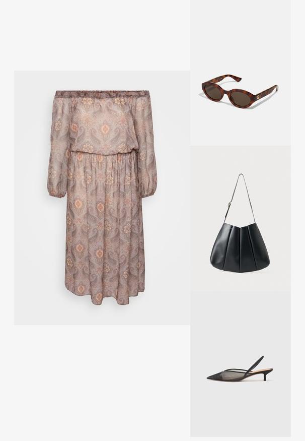 Vestido de manga larga y palabra de honor en tela color marrón claro con un estampado de paisley en tonos cálidos. Cintura elástica y corte holgado.; NEOUS IRENA - Tacones - black; Gafas de sol carey con montura redondeada, lentes oscuros y detalles en dorado con el logo en las varillas. Material de plástico suave, sin patrones visibles.; Bolso de hombro de cuero negro con diseño plisado, textura suave, correa única y un sutil acento de metal dorado.