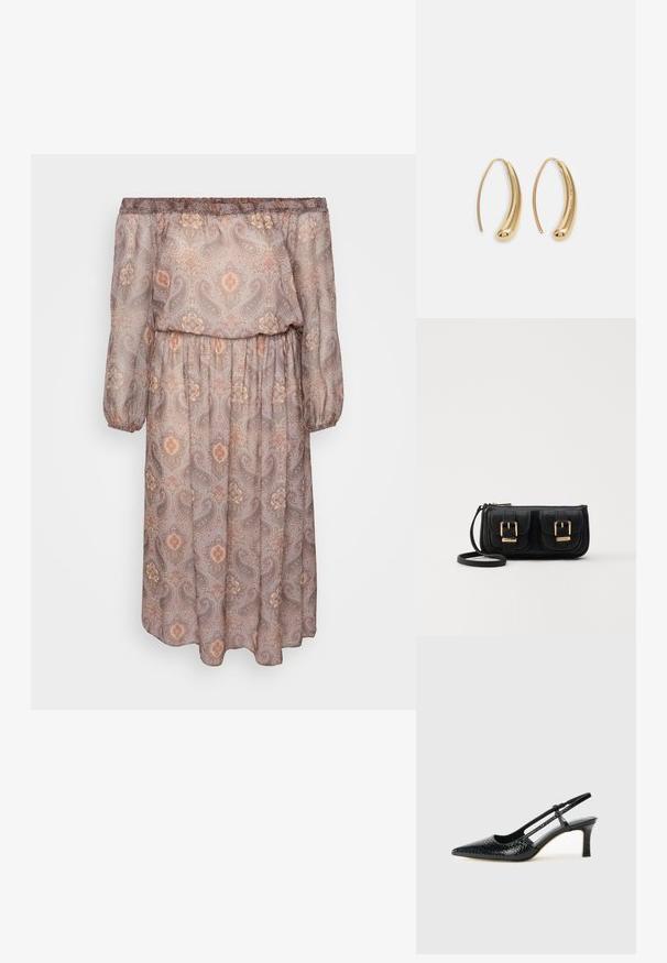 Off-shoulder, langærmet kjole i lysebrunt stof med et paisley-mønster i varme nuancer. Elastisk talje og løs pasform.; Sorte patent slingback hæl med spids tå, prydet med tekstureret slangeskindsmønster, justerbar rem og en kort, tekstureret blokhæl.; Sort læder crossbody taske med to frontlommer, guldspænder, lynlåslukning og en slank rem. Struktureret overflade og kompakt rektangulær form.; Guldfarvede metal hoops øreringe med en bøjet, forlænget form. Har en glat, skinnende overflade og en afrundet spids for ekstra detalje.