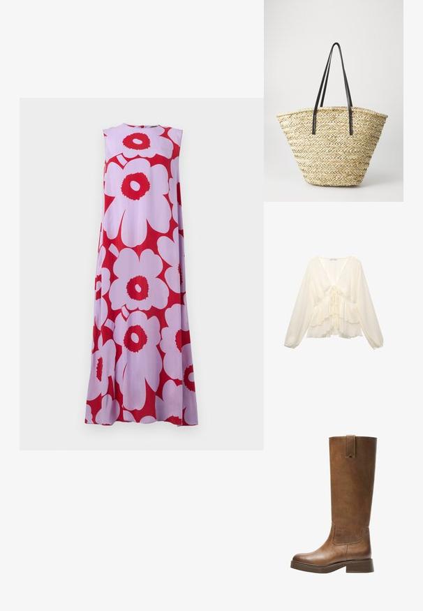 Rochie maxi fără mâneci dintr-o țesătură ușoară, cu modele mari de flori roșii și roz pe un fundal purpuriu deschis. Decolteu rotund.; Bluză de culoare crem cu decolteu în V, mâneci lungi tip balon și volane stratificate la tiv, cu un detaliu cu fundă în partea din spate.; Botă din piele maro, până la genunchi, cu vârf rotunjit, suprafață texturată și toc mic, îngroșat. Dispune de un panou lateral și un capac de prindere în partea de sus.; Geantă de umăr din paie împletit, cu o formă largă și conică, având două mânere din piele neagră. Culoare bej naturală cu o suprafață texturată.