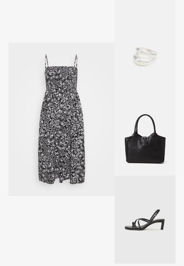 Abito midi nero a fiori con corpino aderente, spalline regolabili e vita smock. Il tessuto ha una consistenza morbida e leggera.; Sandalo nero con cinturini, dalla punta squadrata e tacco basso a blocco. Presenta diversi cinturini sottili e una cinturini regolabile alla caviglia. Realizzato in pelle liscia.; Borsa tote in pelle nera con texture liscia, forma strutturata, due manici e un evidente dettaglio in fibbia argentata sul davanti.; Anello doppio in argento con superficie liscia e lucida. Presenta un design fluido e curvo con sezioni sovrapposte per un aspetto moderno.