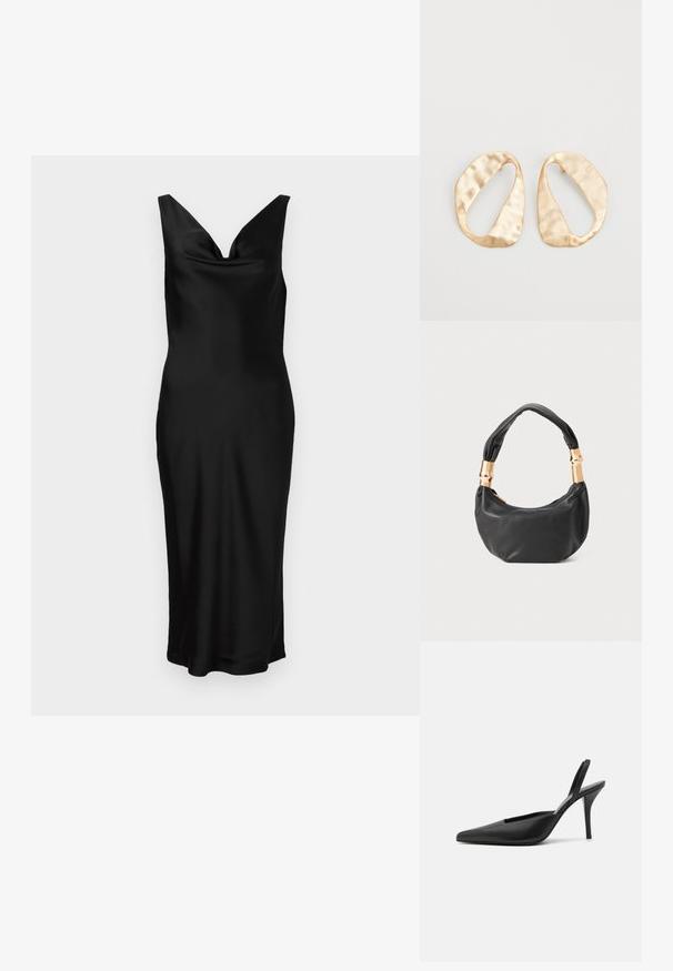 Fekete selymes ruha V-kivágással és ujjatlan fazonnal. A testhez álló stílus púderelt felsőrésszel rendelkezik, és térd alatt végződik. Simább textúra.; Fekete pántos magassarkú cipők, hegyes orral, sima bőrből készült anyaggal és letisztult, minimalista dizájnnal. Magas tűs sarok.; Fekete bőr kézitáska kerek formával, puha textúrával és csomózott fogantyúval, aranyszínű fém díszítéssel. Cipzáras záródás.; Egy pár szabálytalan, ovális formájú, aranyszínű fém fülbevaló, enyhén kalapált felülettel, fehér háttéren.