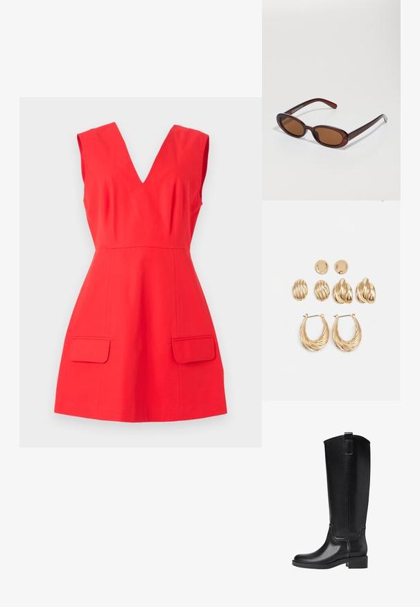 Červené šaty bez rukávov s V-výstrihom, rozšírenou siluetou a prednými vreckami. Vyrobené z hladkej látky s jednofarebným prevedením a bez vzorov.; Čierne čižmy po kolená vyrobené z hladkého syntetického materiálu. Majú zaoblenú špičku, nízky blokový podpätok a vertikálne švy.; Okrúhle slnečné okuliare s hnedým nádychom a lesklým burgundským rámom. Úzke ramená s jemným brandovaním. Plochej šošovky dizajn.; Sada náušníc v zlatej farbe, ktorá obsahuje tri páry: textúrované oválne naušnice, naušnice so zvlneným dizajnom a veľké kruhové náušnice s vrstvenými drážkami.