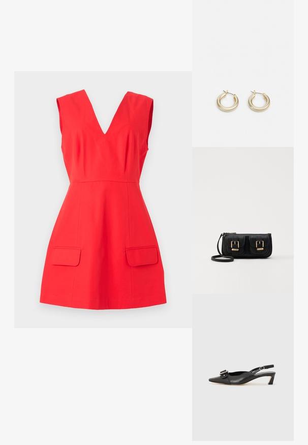 Červené bezrukávové šaty s výstřihem do V, rozšířeným střihem a předními kapsami. Vyrobeno z hladkého materiálu v jedné barvě bez vzorů.; Černé kožené sandály s úzkou špičkou, malým podpatkem a dekorativní sponou na nártu. Hladký povrch, minimalistický design.; Černá kožená crossbody taška se dvěma předními kapsami, zlatými přezkami, zipovým uzávěrem a štíhlým popruhem. Texturovaný povrch a kompaktní obdélníkový tvar.; Lauren Ralph Lauren BASIC SMALL HOOP - Náušnice - gold-coloured