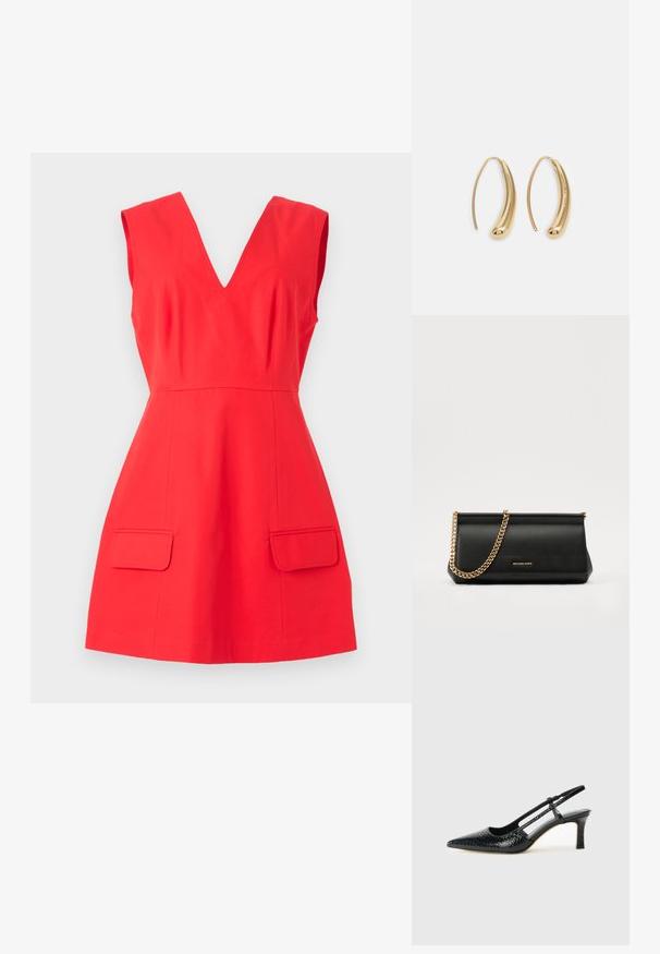 Puna ilma varrukat ja V-kaelus, laienev siluett ja ees olevaid taskuid. Valmistatud siledast kangast, ühtlane värv ja ilma mustriteta.; Mustmust paelad, millel on terav varvas, tekstuuriga maduprindiga, reguleeritav rihm ja lühike tekstuuriga plokknina.; Mustast nahast klamberkott kuldse kettrihmaga, millel on sile tekstuur, ristkülikuline kuju ja esiküljel reljeefne brändingu märk.; Kuldtoonilised metallist rõngas kõrvarõngad, millel on kõver ja piklik kuju. Omavad siledat, läikivat pinda ja ümarat tipptugevdust, mis lisab detaili.