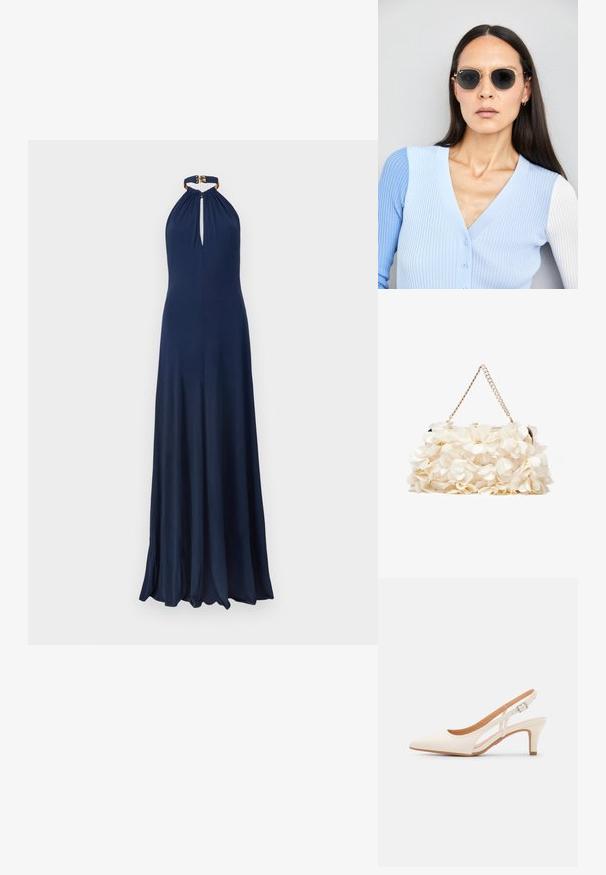 Tengerészkék, nyakpántos ruha kulcslyuk kivágással és redőzött anyaggal a nyakrészen. A földig ér, sima, elegáns textúrával.; Fehér slingback sarok, hegyes orral, sima felső anyaggal, alacsony blokk sarkával és oldalsó kivágott dizájnnal, állítható csatpánttal.; Kerek napszemüveg sötét lencsékkel és arany kerettel. A modellen világoskék, bordázott kardigán van gombokkal és kontrasztos fehér ujjaival.; Fehér virágmintás kézitáska gyűrt szövet felülettel, aranyszínű lánccal és fémetaljzattal. Textúrázott szirmokkal készült a részletesebb megjelenés érdekében.