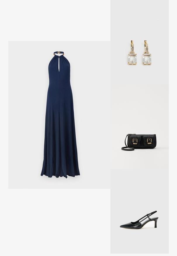 Rochie bleumarin cu gât halter, având o decupare în formă de cheie și material plisat la decolteu. Se mulează pe corp și se prelungește până la podea, având o textură elegantă și netedă.; Pantofi cu toc slingback negri din patent, cu vârf ascuțit, cu imprimeu de șarpe texturat, curea ajustabilă și toc scurt texturat.; Geantă neagră din piele, tip crossbody, cu două buzunare frontale, catarame aurii, închidere cu fermoar și o curea subțire. Suprafață texturată și formă rectangulară compactă.; Cercei aurii care prezintă un cristal clar, rectangular, suspendat sub un rând de accente mici, rotunde, clare. Design elegant și modern.