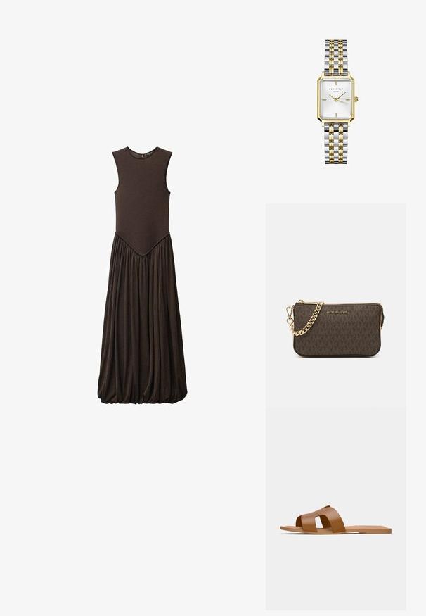 Robe sans manches marron avec un haut ajusté et une jupe volumineuse, froncée. Fabriquée en tissu doux avec une texture lisse et un col rond.; Sandales plates marron avec de larges brides croisées en matériau synthétique lisse et une semelle plate minimaliste.; Sac en cuir brun à bandoulière avec motif logo, bandoulière en chaîne dorée, fermeture éclair et accents de quincaillerie dorée. Forme compacte et rectangulaire.; Montre en métal doré et argenté avec un boîtier rectangulaire, un cadran texturé blanc, deux aiguilles dorées et un bracelet à maillons poli et brossé.