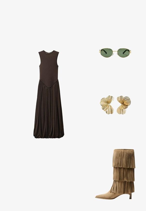 Udenærmet brun kjole med tætsiddende top og voluminøs, samlet nederdel. Lavet af blødt stof med en glat tekstur og rund udskæring.; Fringe ankelstøvle i tan ruskind med tre lag af frynser. Spids tå og en lav blokhæl. Glat tekstur over det hele.; Solfarvede solbriller med guldmetalramme, grønne linser, oval form, sorte stænger og klare næsepuder. Rent, minimalistisk design.; Guld-tone blomsterformede øreringe med lagdelte kronblade, der har en tekstureret finish og en central perleedetail.