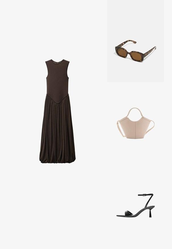 Brezrokav obleko rjave barve z oprijetim zgornjim delom in obsežnim, nabranim krilom. Narejena iz mehke tkanine z gladko teksturo in okroglim izrezom.; Bershka Sandali z visoko peto - black; Sončna očala iz kornjačine s poudarjenim, okroglim okvirjem in rjavimi lečami. Imajo subtilne vzorce in ravne, zožene ročke.; Bežna usnjena torbica edinstvene oblike, z dvema kratkima ročajema in dolgim nastavljivim trakom. Gladka tekstura z minimalno kovinsko opremo.