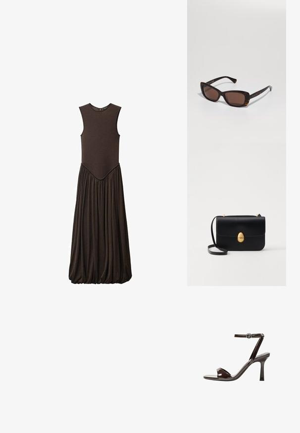 Minder mouwloze bruine jurk met een getailleerde bovenkant en een volumineuze, geraffineerde rok. Gemaakt van zachte stof met een gladde textuur en een ronde halslijn.; Bruine gepatenteerde lederen sandaal met hoge hak, enkelbandje, open teen, en een strak, minimalistisch ontwerp. Voorzien van een vierkante hak.; Schildpad zonnebril met een slank cat-eye ontwerp, bruine lenzen en gouden "RALPH" branding op de tempels. Gladde kunststof montuur.; Zwarte leren handtas met een gestructureerde rechthoekige vorm. Voorzien van een gouden ovale sluiting en een dunne schouderband. Glad van textuur.