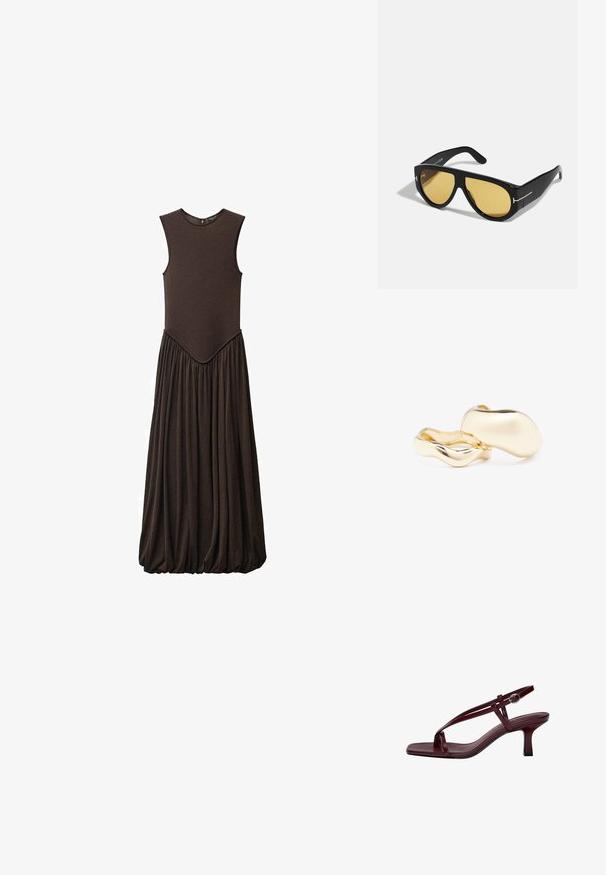 Ärmelloses braunes Kleid mit tailliertem Oberteil und voluminösem, gerafftem Rock. Hergestellt aus weichem Stoff mit glatter Textur und rundem Ausschnitt.; Burgunderfarbene High-Heel-Sandalen mit quadratischer Zehenform, schmalen Riemen und einem Knöchelverschluss. Glatte Lederstruktur und ein schlanker, Blockabsatz.; Schwarze Sonnenbrille mit geometrischem Rahmen, gelben Gläsern und goldenen Akzenten an den Bügeln. Glatte Oberfläche, breiter Schnitt, zeitgemäßes Design.; Goldfarbene Ohrringe mit einer organischen, bohnenähnlichen Form und glatter, reflektierender Oberfläche; verfügen über ein minimalistisches Design ohne sichtbare Hardware.