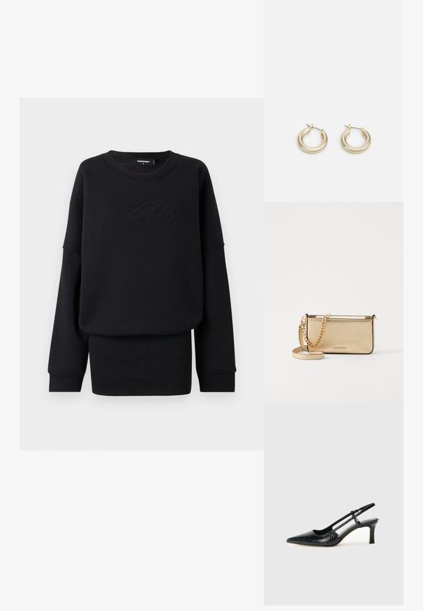 Sweatshirt preto feito de um tecido suave, com decote redondo, mangas longas e um logótipo em relevo na frente. Ajuste regular e textura suave.; Salto slingback em patente preta com bico apontado, apresentando um padrão de pele de cobra texturizado, tira ajustável e um salto bloco curto e texturizado.; Clutch de couro dourado metálico com um acabamento texturizado, apresentando uma alça de corrente dourada e uma alça de ombro removível. Logotipo da marca em relevo.; Lauren Ralph Lauren BASIC SMALL HOOP - Brincos - gold-coloured