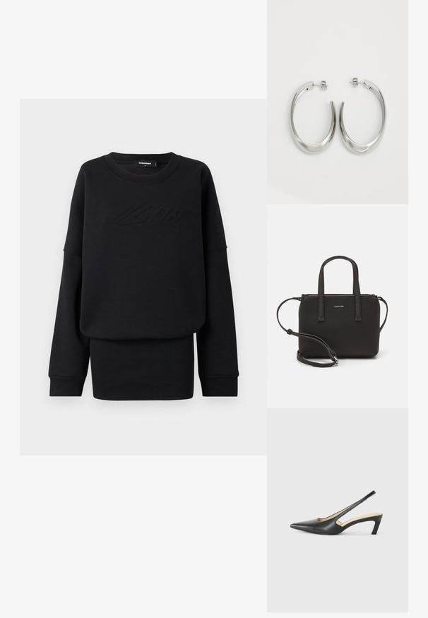 Juoda sportinė palaidinė, pagaminta iš minkštos medžiagos, su apvalia iškirpte, ilgomis rankovėmis ir iškilmingu logotipu priekyje. Standartinio kirpimo ir glotnios tekstūros.; Juodas smailus slingback batelis su žemu kulnu, pagamintas iš lygaus odos paviršiaus ir su išpjovomis šone, užtikrinančiomis oro pralaidumą.; Juoda rankinė su dviem trumpais rankenėlėmis ir nuimamu petį. Lygaus odos tipo medžiaga su užtrauktuku ir logotipo detale.; Sidabriniai apvalūs auskarai su lygiu, išlenktu dizainu. Yra blizgus metalinis paviršius ir smeigtukų uždarymas. Nėra matomų raštų ar akcentų.