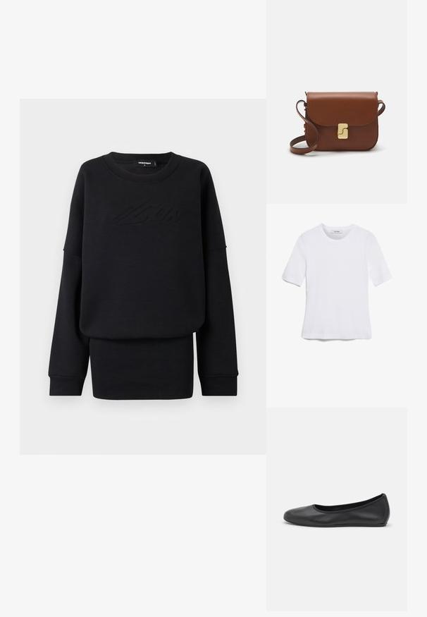 Čierna mikina vyrobená z mäkkého materiálu, s okrúhlym výstrihom, dlhými rukávmi a Embossed logom na prednej strane. Štandardný strih a hladká textúra.; Biela krátka tričko s krátkymi rukávmi vyrobené z rebrovanej látky. Klasický okrúhly výstrih, bežný strih a jemné švy. Bez vzorov alebo grafiky.; Čierne kožené baleríny s okrúhlou špičkou, hladkým povrchom, minimálnym prešívaním a flexibilným dizajnom podrážky.; Hnedá kožená kabelka s klopou, zlatými kovovými prvkami, ramenným popruhom a hladkým povrchom. Kompaktný obdĺžnikový tvar.