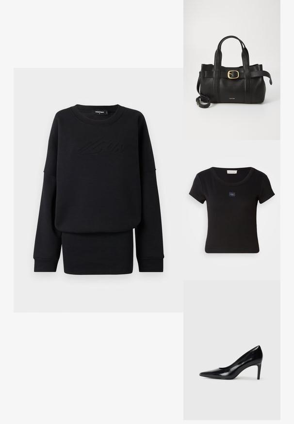 Schwarzer Sweatshirt aus weichem Stoff, mit Rundhalsausschnitt, langen Ärmeln und einem geprägten Logo auf der Vorderseite. Reguläre Passform und glatte Textur.; Schwarzes T-Shirt mit kurzen Ärmeln und geripptem Material, mit einem kleinen Logopatch auf der Brust und einem runden Ausschnitt.; Schwarzer Lederhochschuh mit spitzem Zehenbereich, glatter Textur und schmalem Absatz. Minimalistisches Design, keine zusätzlichen Verzierungen.; Schwarze Lederhandtasche mit strukturiertem Design, doppelten oberen Griffen, goldfarbenem Schnallenakzent und geprägtem Markenlogo auf der Vorderseite.