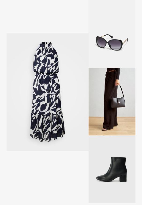 Morgan Vestito elegante - multico; Stivali neri in pelle fino alla caviglia con punta appuntita e tacco spesso. Texture liscia con minimi dettagli e un design elegante e aderente.; Occhiali da sole neri oversize con lenti sfumate, montatura spessa e dettagli in catena dorata sulle astine.; Borsa nera con forma strutturata, texture liscia e una chiusura metallica. Abbinata a pantaloni neri larghi e sandali open-toe su un pavimento in legno.