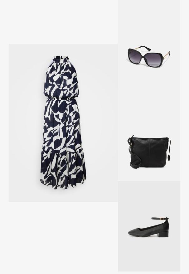 Morgan Koktejlové šaty / šaty na párty - multico; Černé kožené lodičky s špičatou špičkou a nízkým blokovým podpatkem. Obsahují pásek kolem kotníku se zlatou sponou. Hladký povrch.; Černé oversized sluneční brýle se gradientními skly, silnými rámy a zlatými řetízkovými detaily na nožičkách.; Černá kožená kabelka přes rameno s plochým tvarem, zlatými kovovými detaily a nastavitelným popruhem. Hladký povrch s minimem švů.