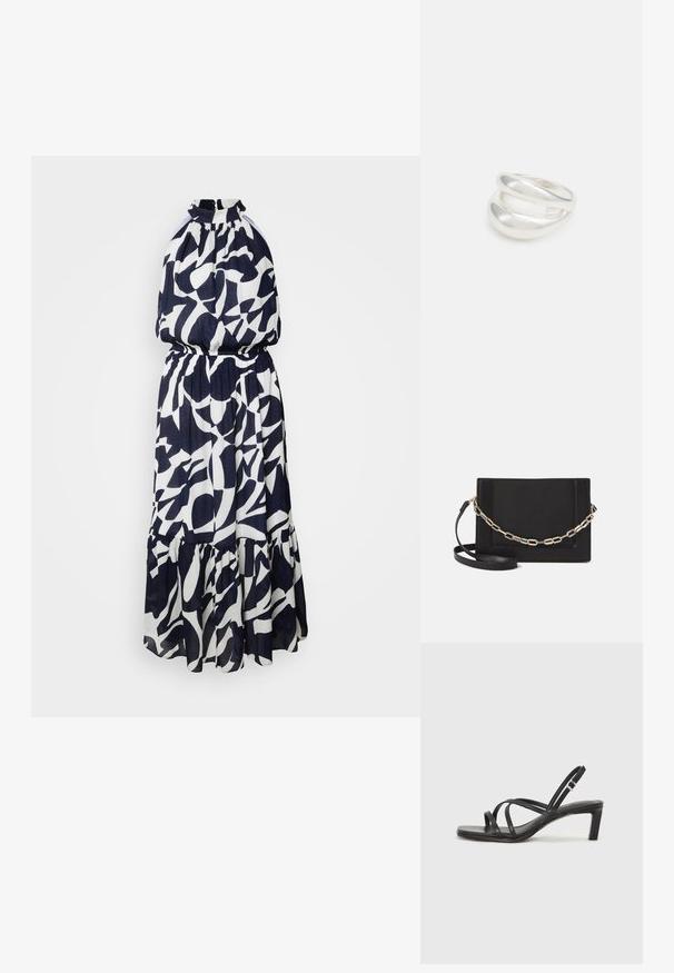 Morgan Vestito elegante - multico; Sandalo nero con cinturini, dalla punta squadrata e tacco basso a blocco. Presenta diversi cinturini sottili e una cinturini regolabile alla caviglia. Realizzato in pelle liscia.; Borsa a tracolla nera in pelle con una texture liscia, forma rettangolare e dettaglio in catena metallica sul davanti. Inclusa una tracolla regolabile.; Anello doppio in argento con superficie liscia e lucida. Presenta un design fluido e curvo con sezioni sovrapposte per un aspetto moderno.