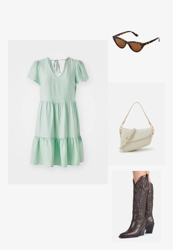 Mentazöld ruha, texturált anyagból készült, V-kivágással, rövid puffos ujjakkal, valamint fodros, réteges szoknyával.; Barna bőr cowboy csizmák hegyes orral és blokk sarkal, részletes varrással és kiemelkedő díszítésekkel a szárán.; Cica szemüveg fekete és narancssárga teknőc pánttal, barna lencsékkel és sima, hegyes végekkel. A templomán egy minimalista logó található.; Kis krémszínű táska texturált felülettel, hosszú, állítható pánttal, láncos díszítéssel és fedéllel záródik. Aranyszínű fém részletek.