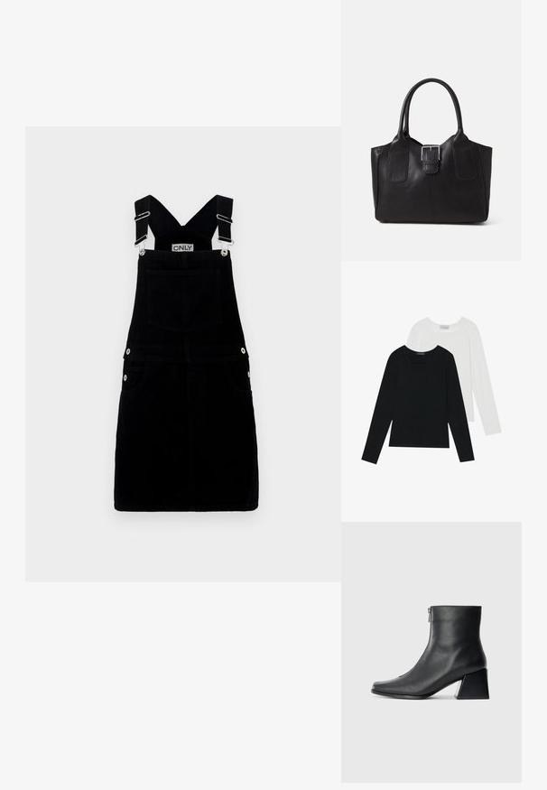 Musta denimpuku, jossa on säädettävät hihnat, hopeanväriset yksityiskohdat, etutaskut ja takatasku. Sujuva tekstuuri ja miellyttävä istuvuus.; Kaksi pitkähihainen paitaa, yksi musta ja yksi valkoinen, molemmat neliönmallisella kaula-aukolla ja pehmeästä, joustavasta kankaasta valmistettu.; Mustat nahka nilkkurit, joissa on nelikulmainen kärki, sivuvetoketju ja lohkarekorko, taustalla vaalea yksinkertainen tausta.; Musta nahkainen olkalaukku, jossa on sileä pinta, ryhdikäs muoto, kaksi kahvaa ja silmienpistävä hopeinen solkiyksityiskohta edessä.